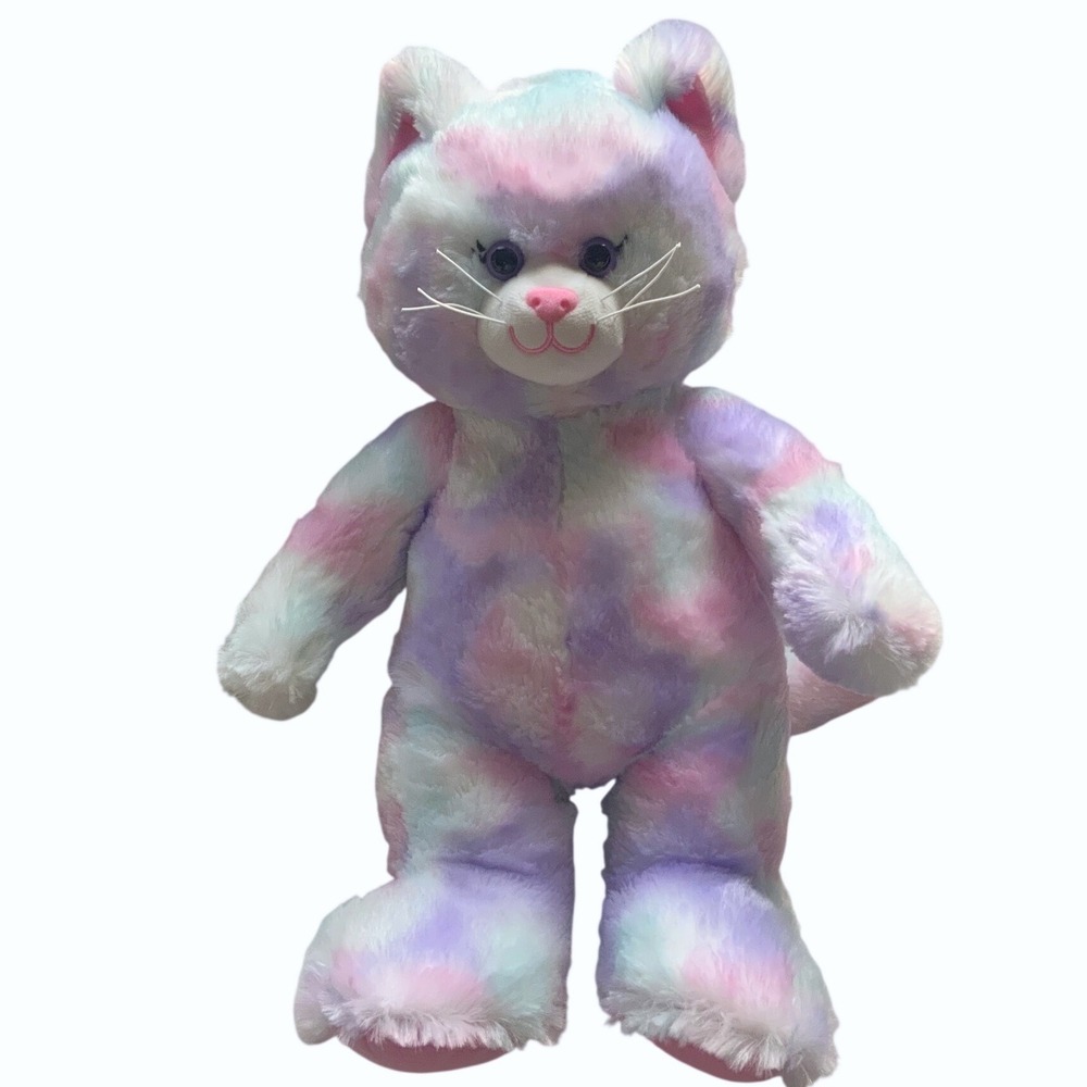 Build-A-Bear Pastel Rainbow Cat Plush Stuffed Animal Pink Purple Blue 16"